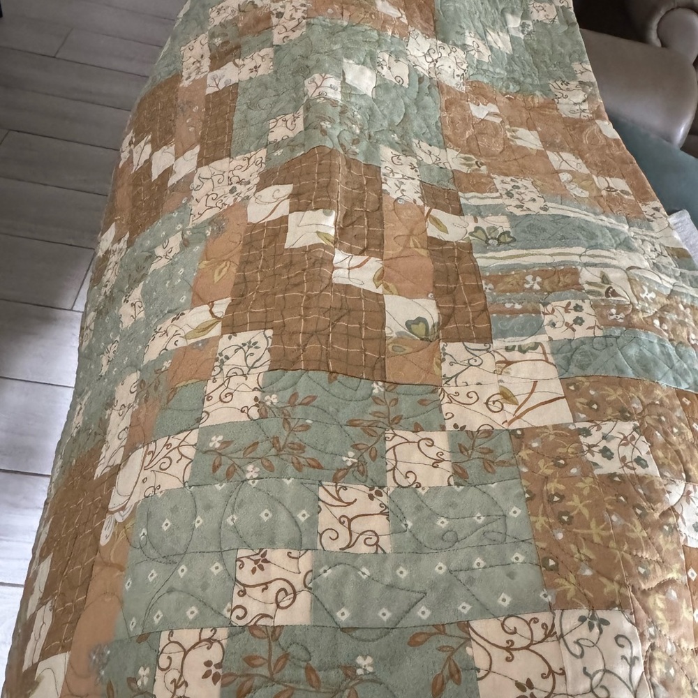 Patchwork Quilt in Green, Tan and Brown